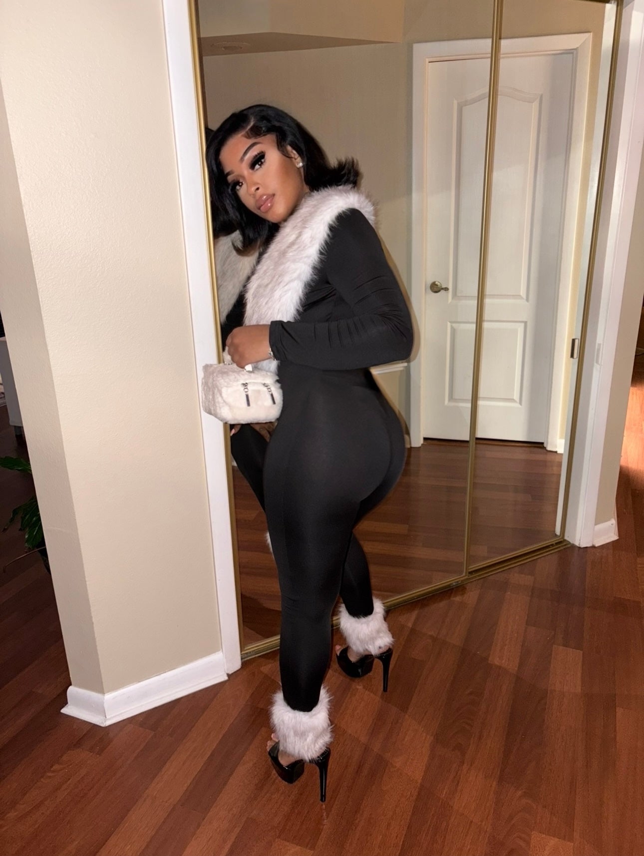 Fur Collar Jumpsuit With Leg Warmer