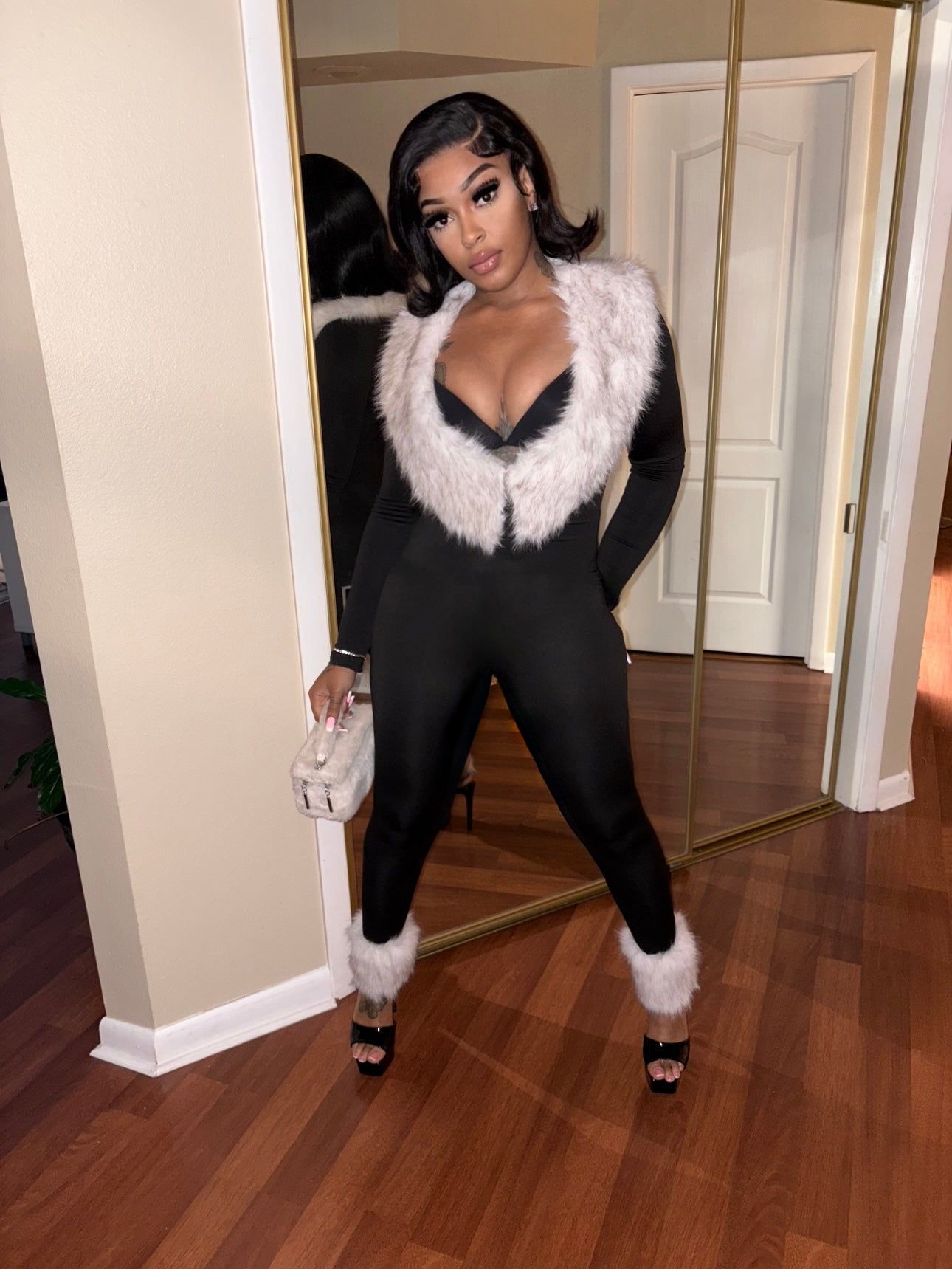 Fur Collar Jumpsuit With Leg Warmer